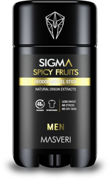 Czarny sztyft dezodorantu Masveri Men Spicy Fruits 48h, z żelową formułą i naturalnymi ekstraktami, widok z przodu.