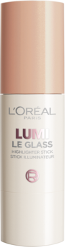 L'Oréal Paris Lumi Le Glass Highlighter Stick, biało-brzoskwiniowy, cylindryczny sztyft, widok z przodu.