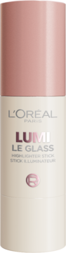 L'Oréal Paris Lumi Le Glass rozświetlacz w sztyfcie, kremowy korpus, bladoróżowa nasadka, widok z przodu.