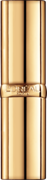 Złota pomadka do ust L'Oréal Paris w błyszczącym, cylindrycznym opakowaniu z logo, widok z przodu.