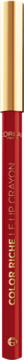 Czerwona konturówka do ust L'Oréal Color Riche ze złotą skuwką, pionowe ujęcie z przodu, lekko z boku.