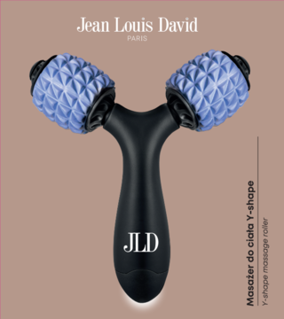 Jean Louis David Y-shape masażer do ciała. Czarny uchwyt, niebieskie, teksturowane rolki. Widok z przodu.