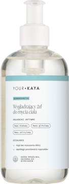 YOUR+KAYA Wygładzający żel do mycia ciała z kwasami AHA, BHA, PHA w przezroczystej butelce z pompką.