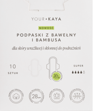 Białe opakowanie Your Kaya: podpaski z bawełny i bambusa, 10 sztuk, super, dla skóry wrażliwej, 28 cm długości.