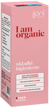 Różowe opakowanie Joni Teens 'I am organic' wkładek higienicznych ze 100% bawełny organicznej, widok z przodu.
