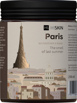 Świeca sojowa Hiskin Paris 200ml, czarny słoik, etykieta z Wieżą Eiffla, napis "The smell of last summer", widok z przodu.