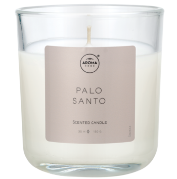 Minimalistyczna biała świeca zapachowa Aroma Home Palo Santo w szklanym słoiku, beżowa etykieta, widok z przodu.
