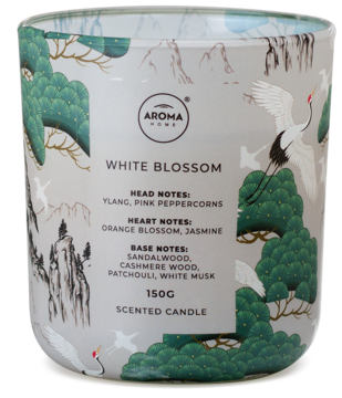 Świeca zapachowa Aroma Home White Blossom w szklanym słoju, orientalny wzór z żurawiami i drzewami.