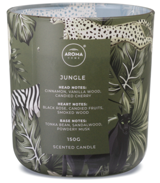 Świeca zapachowa Aroma Home Jungle 150g w szklanym słoiku z tropikalnym nadrukiem liści i zwierząt, widok z przodu.