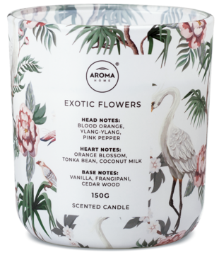 Świeca Aroma Home Exotic Flowers, biała z tropikalnym wzorem kwiatów i ptaków; nuty pomarańczy, kokosa, wanilii.
