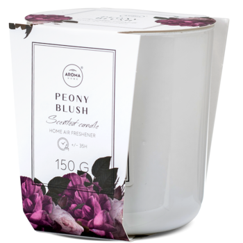 Świeca Aroma Home Peony Blush 150g w białym szkle, z opakowaniem z etykietą i grafiką piwonii, widok z przodu.