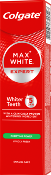Pasta do zębów Colgate Max White Expert, czerwone opakowanie z wybielającym składnikiem, widok z przodu.