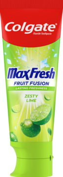 Colgate Max Fresh Fruit Fusion Zesty Lime pasta do zębów z fluorem, zielona tubka z limonkami, widok z przodu.