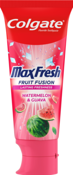 Czerwono-różowa tuba pasty Colgate Max Fresh Watermelon & Guava, z owocami arbuza i guawy, widok z przodu.