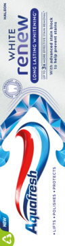 Aquafresh White Renew, biała tubka wybielającej pasty do zębów, widok z przodu, z napisem "LONG LASTING WHITENING".