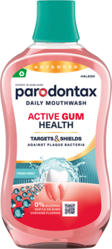 Różowy płyn Parodontax Daily Mouthwash Active Gum Health Fresh Mint, butelka bez alkoholu, widok z przodu.