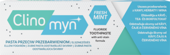 Clino myn Fresh Mint pasta do zębów z fluorem, przeciw przebarwieniom od kawy i wina, biało-zielone opakowanie.