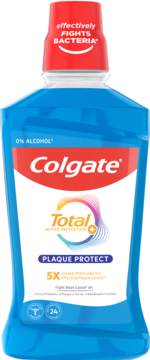 Płyn do płukania ust Colgate Total Plaque Protect, niebieski, bezalkoholowy, butelka z czerwoną nakrętką, widok z przodu.