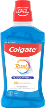 Płyn do płukania ust Colgate Total Plaque Protect, niebieski, bezalkoholowy, butelka z czerwoną nakrętką, widok z przodu.