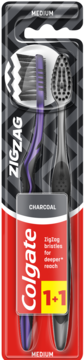 Dwie szczoteczki Colgate ZigZag Charcoal Medium (fioletowa, czarna) w blistrze z czerwonym logo i napisem 1+1.