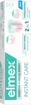 Pionowe pudełko pasty Elmex Sensitive Clinical Expert Instant Care z fluorem na wrażliwe zęby.