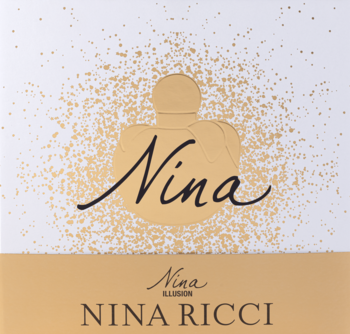 Biało-złota karta produktu Nina Ricci Nina Illusion z wytłoczonym flakonem i złotymi drobinkami.