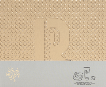 Złoty, teksturowany zestaw Paco Rabanne Lady Million z logo i grafiką flakonów EDP oraz balsamu do ciała.