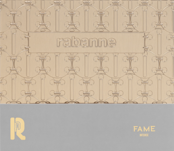 Opakowanie damskiego zestawu Paco Rabanne Fame Intense. Złote logo, wzór wież Eiffla, napis FAME na szaro-złotym tle.