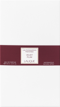 Białe pudełko Lalique Velvet Plum Eau de Parfum 100ml z bordowym pasem i jasnymi napisami, widok z przodu.