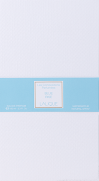 Lalique Les Compositions Parfumées Blue Rise EDP 100ml, białe pudełko z błękitnym pasem, widok z przodu.