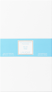 Opakowanie damskiej wody perfumowanej Lalique Blue Rise, białe z błękitnym pasem, złotym logo i 100 ml, widok z przodu.