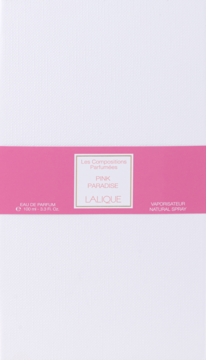 Lalique Pink Paradise Eau de Parfum, białe opakowanie z poziomym różowym paskiem i etykietą, widok z przodu.