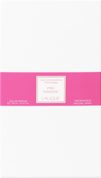 Białe opakowanie wody perfumowanej Lalique Pink Paradise, z różowym paskiem i logo, widok z przodu.