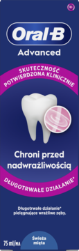 Oral-B Advanced pasta do zębów 75ml, niebieskie opakowanie z grafiką zęba, klinicznie chroni przed nadwrażliwością.