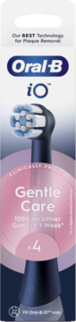 Oral-B iO Gentle Care wymienne końcówki do szczoteczki, 4 szt. w białym opakowaniu, z różową etykietą, widok z przodu.