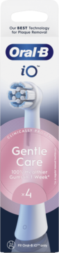 Opakowanie końcówek Oral-B iO Gentle Care, 4 szt., biało-niebieskie, do wrażliwych dziąseł.