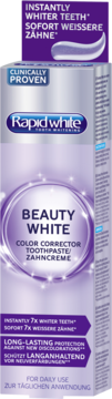 Rapid White Beauty White Color Corrector pasta, fioletowe pudełko, przód, klinicznie potwierdzone działanie wybielające.