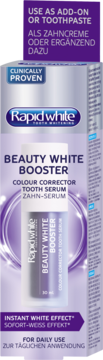 Rapid White Beauty White Booster Colour Corrector Tooth Serum w fioletowym pudełku, widok z przodu, klinicznie udowodnione.