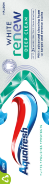 Biała tubka pasty Aquafresh White Renew Deep Clean, z charakterystycznym logo i zielonym akcentem, ujęcie z przodu.