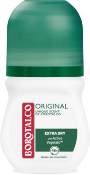 Antyperspirant Borotalco Original w białej kulce z zieloną nakrętką, widok z przodu. Opis 48h Extra Dry.