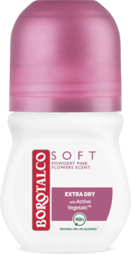 Biały antyperspirant Borotalco Soft w kulce, z różową nakrętką i etykietą, widok z przodu, zapach pudrowo-kwiatowy.