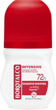 Biały Borotalco Intensive Antyperspirant w kulce, czerwona zakrętka, etykieta 72h na nadmierne pocenie, widok z przodu.