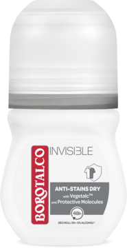 Biały antyperspirant Borotalco Invisible Anti-Stains Dry w butelce roll-on 48h. Czerwone logo, widok z przodu.