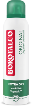 Borotalco Original Extra Dry 48h antiperspirant spray, biała butelka, 0% alkoholu, widok z przodu.