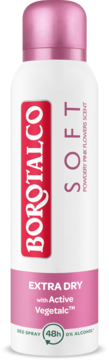 Borotalco Soft antyperspirant w sprayu, biały z różowym, 48h, Extra Dry, Active Vegetalc, widok frontalny.
