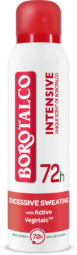 Borotalco Intensive Antyperspirant spray, biała butelka z czerwoną zakrętką, 72h ochrony na nadmierne pocenie.