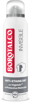 Biały Borotalco Invisible antyperspirant spray, widok z przodu, czerwona etykieta, tekst "ANTI-STAINS DRY".