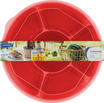 Czerwona, okrągła tacka na przekąski z 6 przegródkami, owinięta etykietą "Snackschale" i motywem pikniku.