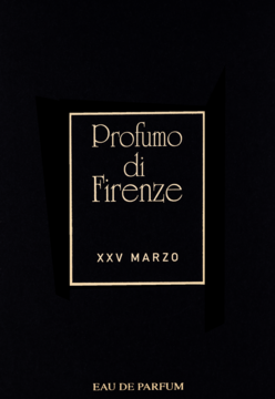 Profumo di Firenze XXV MARZO Eau de Parfum, czarne pudełko ze złotymi napisami, widok z przodu.