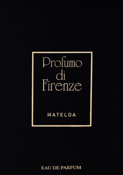 Profumo Matelda di Firenze woda perfumowana, czarne opakowanie unisex ze złotym napisem, widok z przodu.